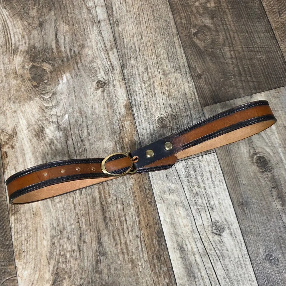 Vintage 80s BTS Leather Belt Brown Black Tooled Western Solid Brass Buckle